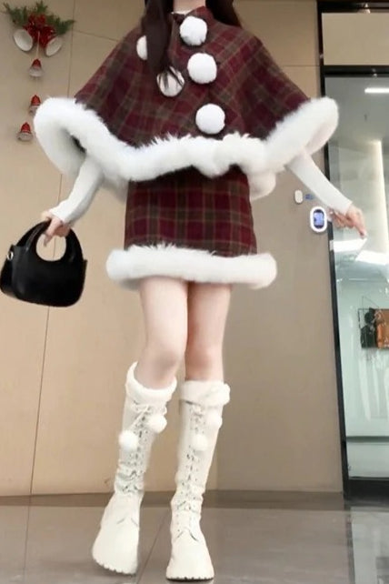 Karierter Cape-Umhang mit Kapuze