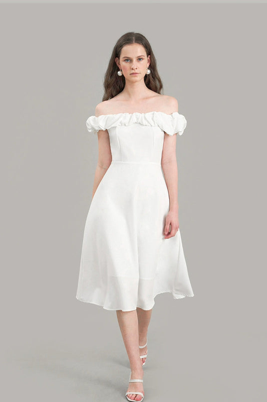 Satin Ruched Off-the-shoulder Cocktail Dress S / White