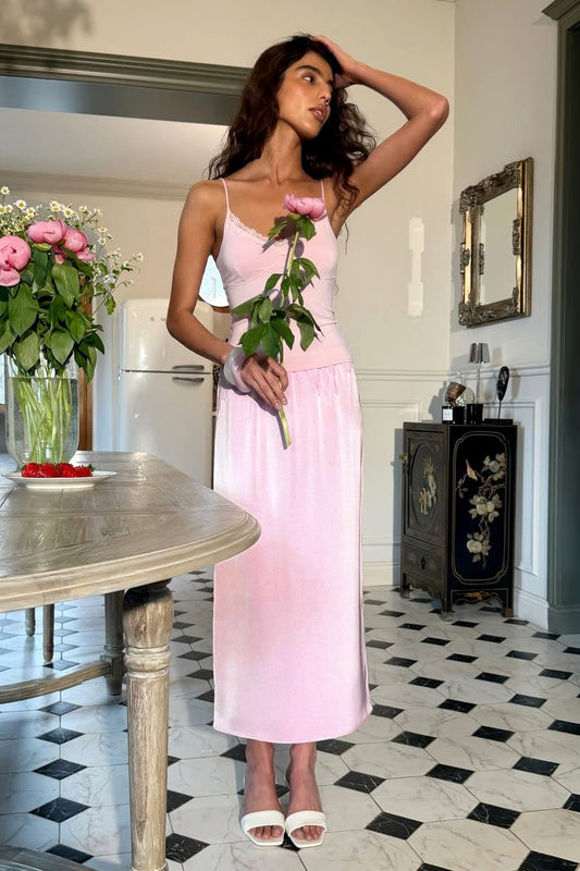 Lace-Trim Satin Pink Midi Skirt