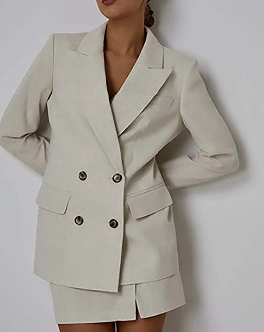 Aprikosenfarbener zweireihiger Minirock fürs Büro, zweiteiliges Set