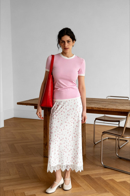 Floral Lace-Hem Maxi Skirt