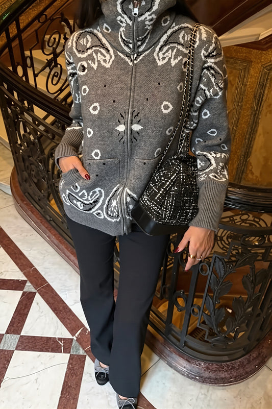 Paisley Zip Funnel Neck Cardigan