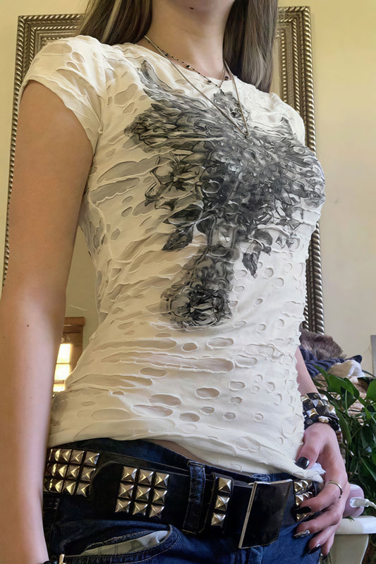 Gothic Dark Print Ripped Slim T-shirt