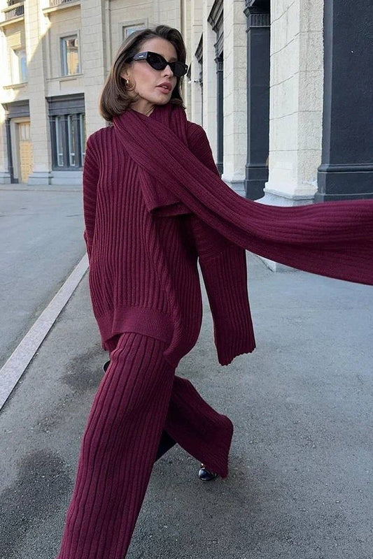 Relaxed Fit Ripppullover mit V-Ausschnitt und Hose, zweiteiliges Hosenset