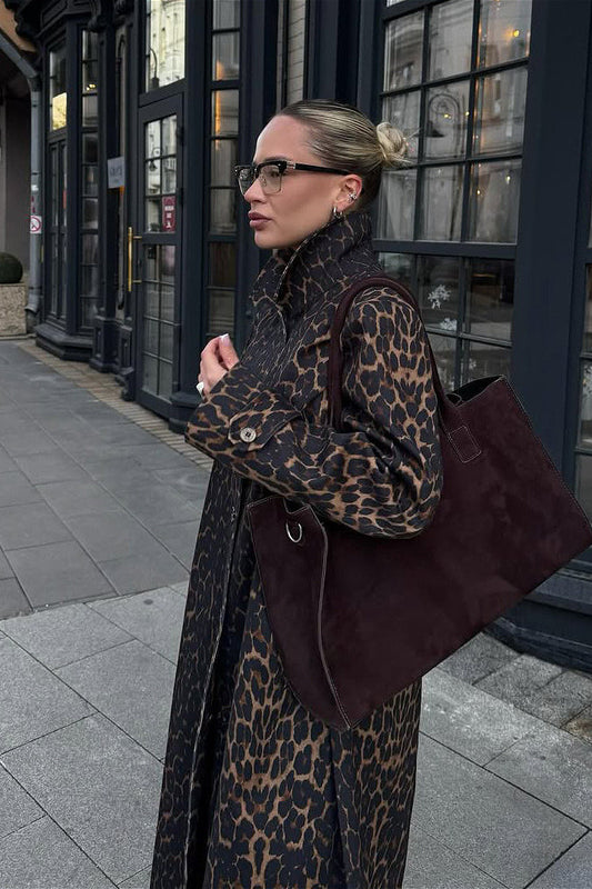 Leopard Stand Collar Stylish Long Overcoat
