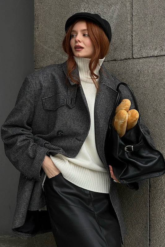 Hahnentrittmuster-Woll-Doppelreiher-Midlong-Trenchcoat