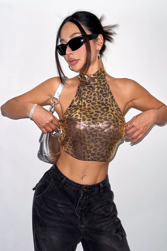 Cami-Crop-Top mit Leopardenmuster in Metallic