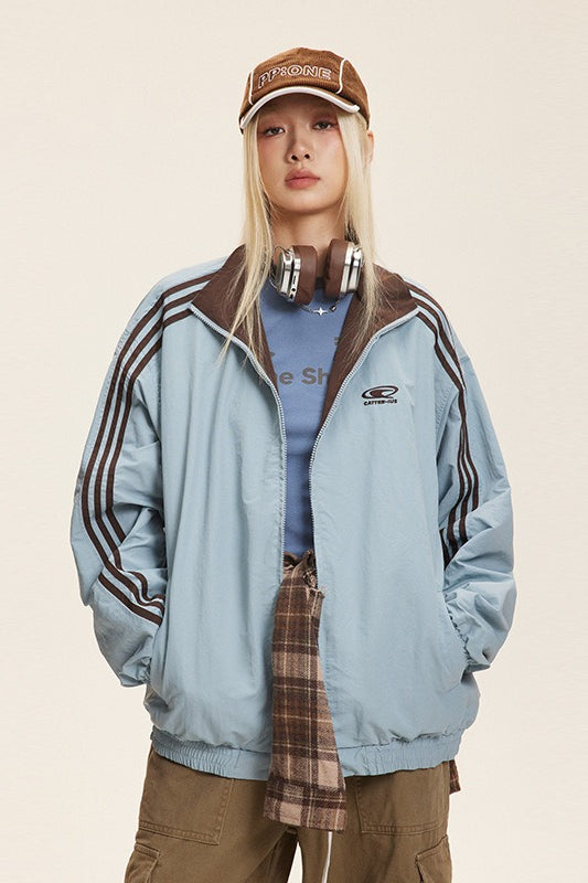 Reversible Stand Collar Colorblock Jacket M / Blue-Brown