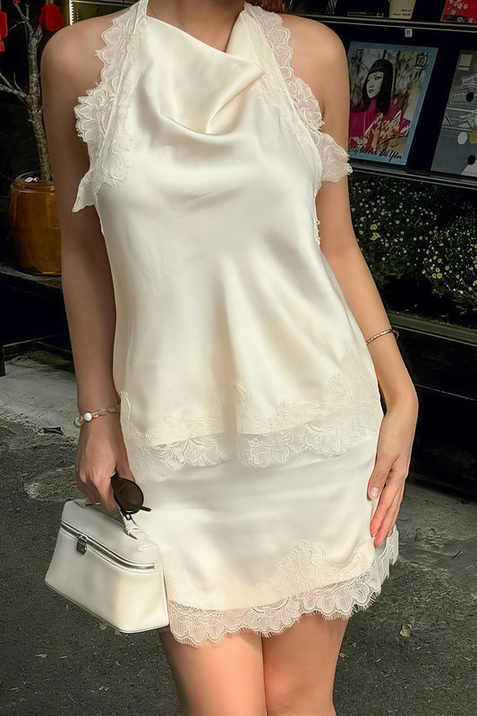 Lace Sleeveless Draped Collar Halter Mini Dress