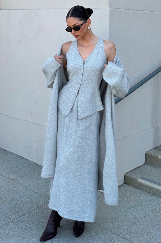 Vintage Graue Strickjacke Weste & Maxirock Dreiteiliges Set