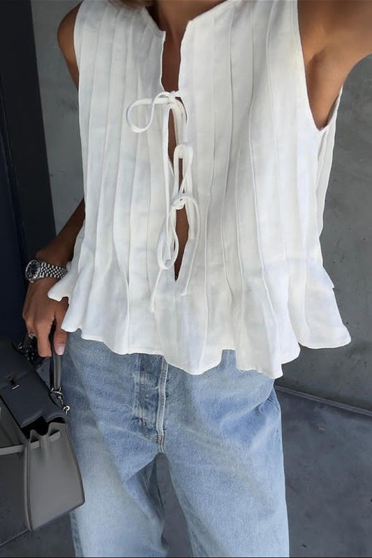 Solid Ruffled Tie Linen Cotton Shirt Tank Top