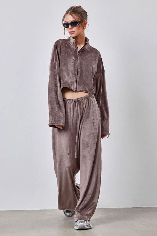 Vintage-Crop-Top mit Kordelzug und Hose mit weitem Bein, zweiteiliges Set