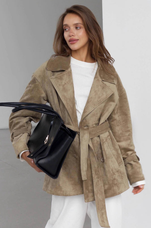 Vintage Wildleder Revers Krawatte Taille Jacke Mantel