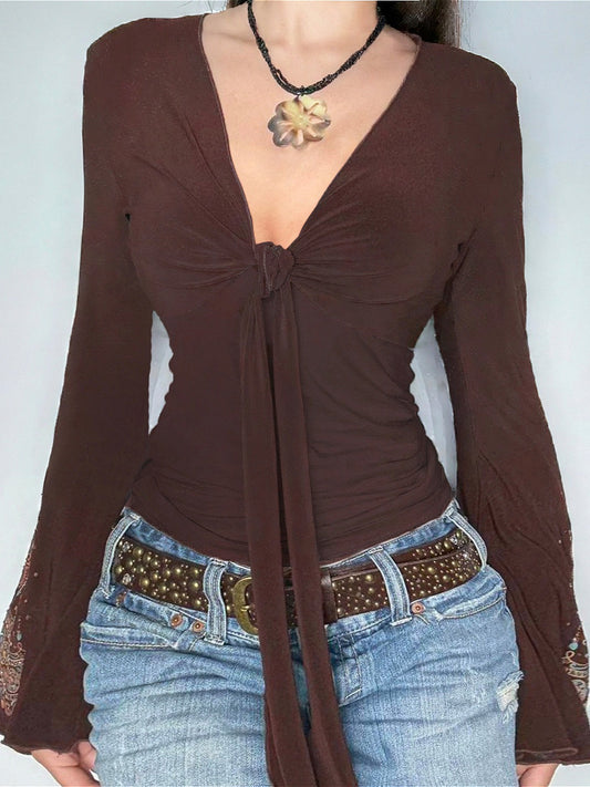 Vintage Langarmshirt mit V-Ausschnitt und Print