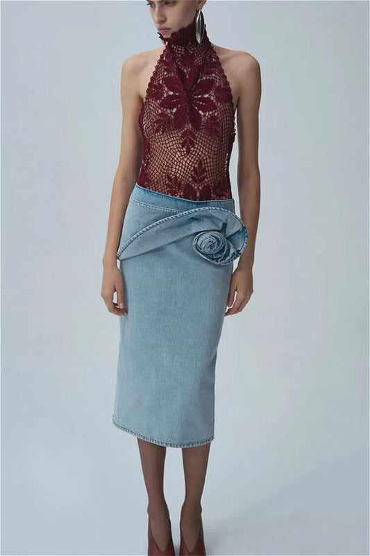 Vintage Jeansrock mit Raffung und Rosenmuster