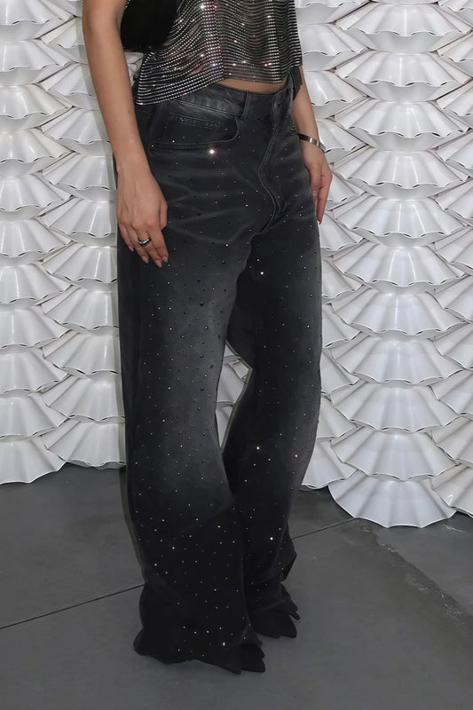 Vintage-Jeans mit Strasssteinen, Used-Look, niedrigem Bund und weitem Bein