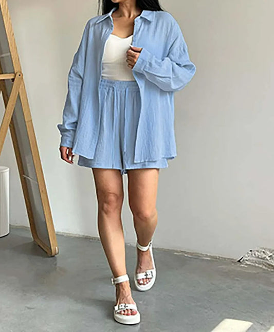 Blaues, zweiteiliges Büro-Set mit Shorts aus Baumwolle mit Kordelzug