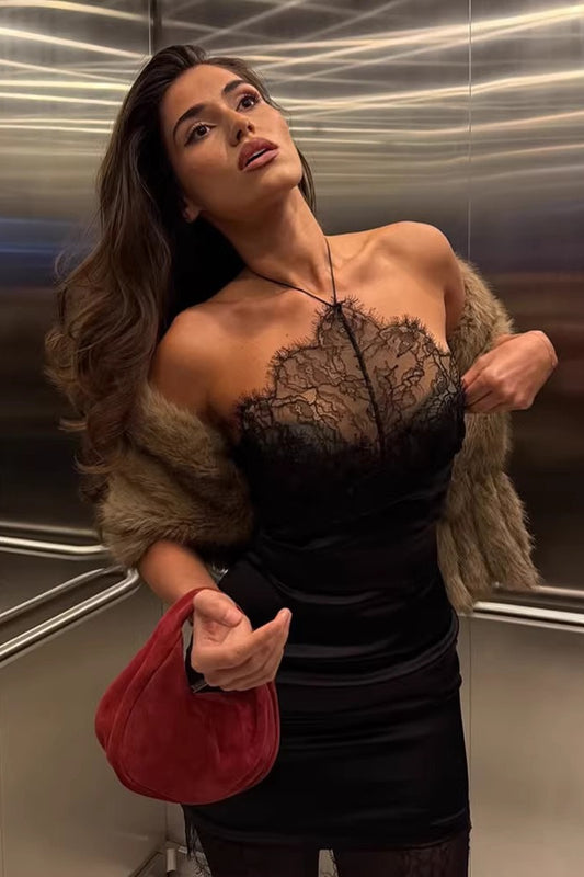 Lace Halter Backless Patchwork Fitted Mini Dress