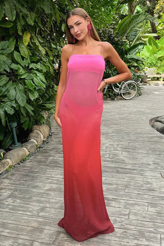 Modisches Maxikleid aus Chiffon mit allmählichem Druck und Hosenträgern