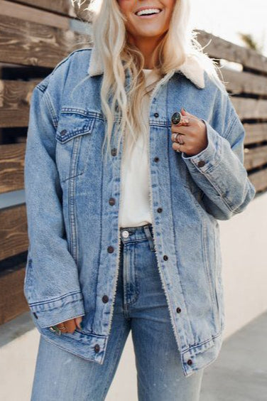 Fleece Lined Denim Bomber Jacket Light Blue / S