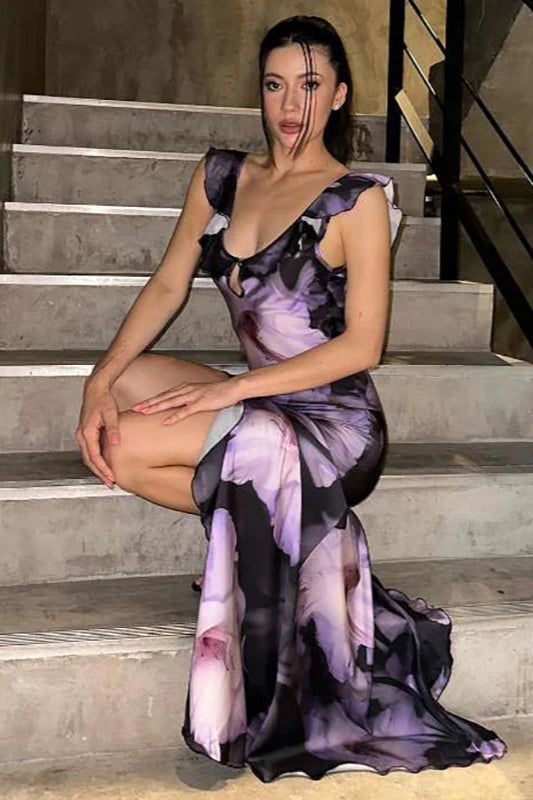 Rückenfreies Maxikleid mit Rüschen und U-Ausschnitt