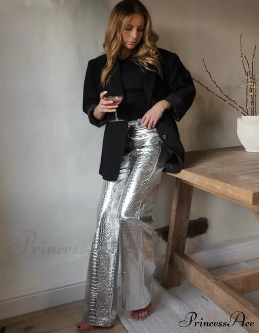 Silberne, gerade geschnittene High-Waist-Hose aus PU-Leder mit Schuppenmuster