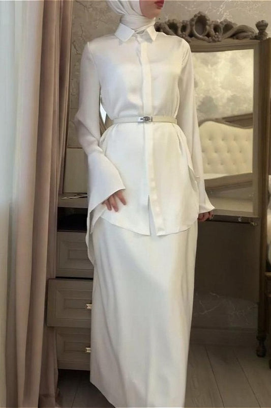 Vintage Satinbluse mit tailliertem Rock, zweiteiliges Set