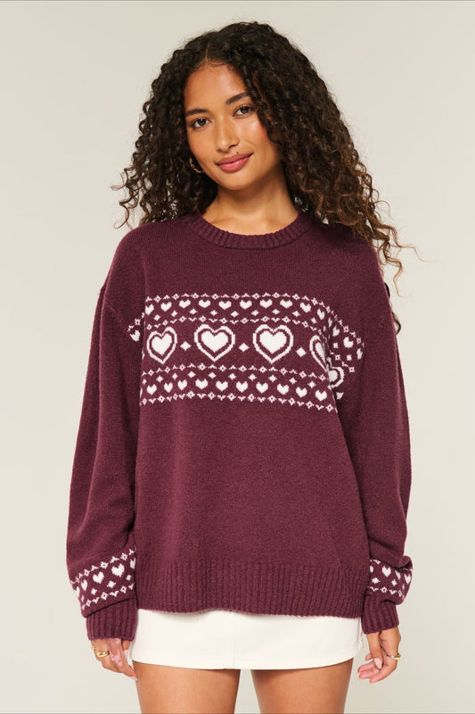 Herzförmiger Fair-Isle-Streifen-Langarmstrickpullover