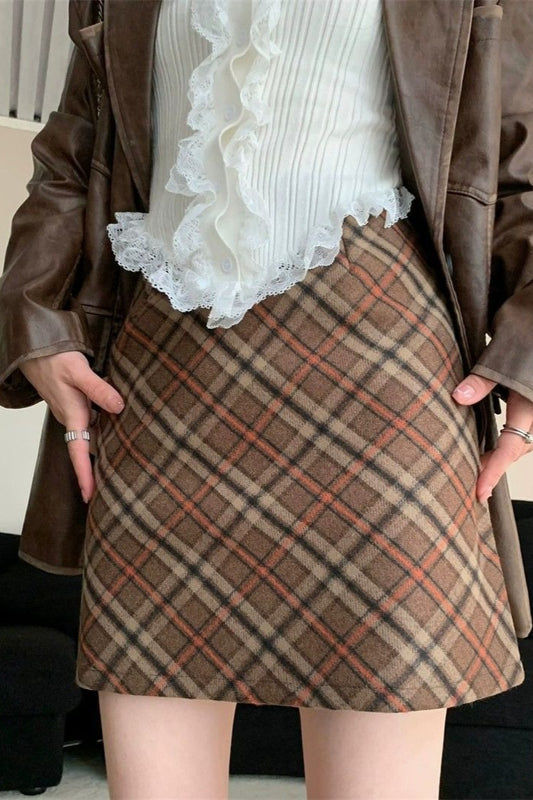 Tweed-Karo-Vintage-Rock mit hohem Bund, tailliert, kurz