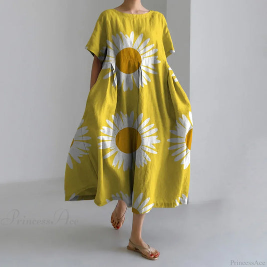 Elegant Autumn Retro Floral Print Round Neck Evening Dress yellow1 / S oldfloraldress-250126