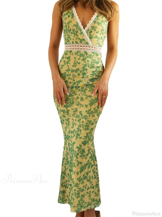 Elegant Floral Fishtail Lace Trim Wrap V-neck Bodycon Floral Dress Green / S floraldress-250126