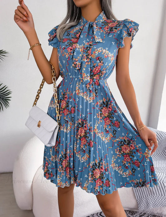 Elegant Floral Print Bow Pleated Slim Waist Floral Dress Blue / S oldfloraldress-250126