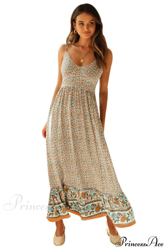 Elegant Floral V-Neck Sleeveless Boho Dress Beige / S