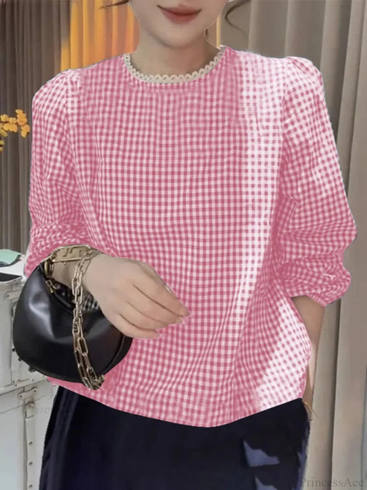 Elegant Lace Trim O Neck Checked Puff Sleeve Smock Blouse Pink / S blouse-250126