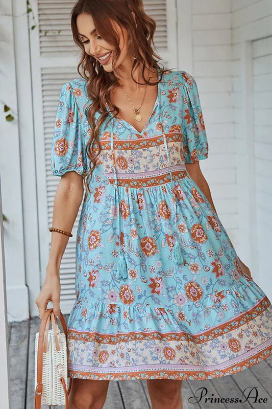 Elegant Lace-Up Green Sundress Women Boho Dress Blue / S