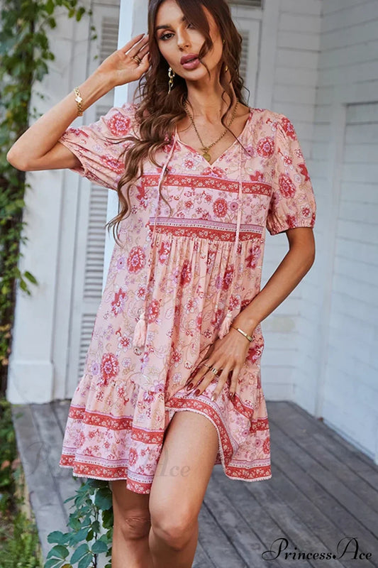 Elegant Lace-Up Green Sundress Women Boho Dress Pink / S