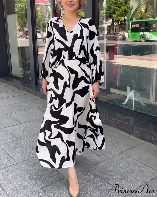 Fashion print elegant long-sleeved dress Black 23BF Casual Dresses Clothes Dresses Spring Summer