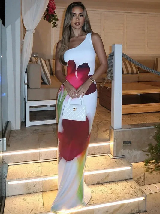 Elegant One Shoulder Backless Maxi Floral Dress floraldress-250126