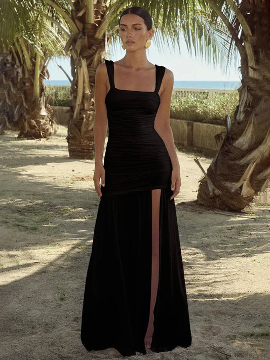 Elegant Pleated A-line Maxi Vacation Dress Black / S vacationdress-250223