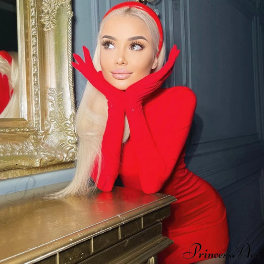 Elegant Red Long Sleeve Gloves Christmas Bodycon Dresses