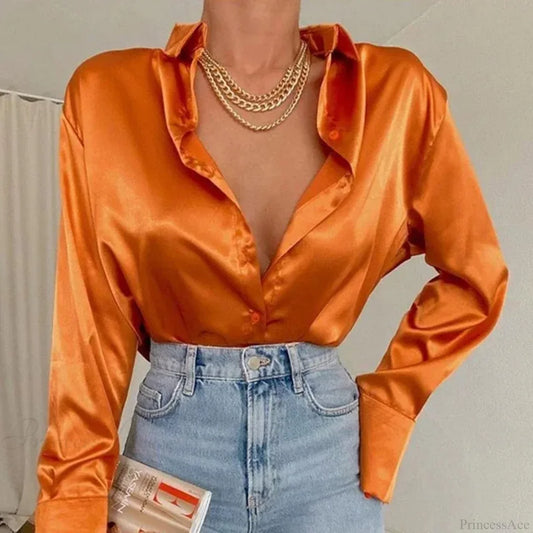 Elegant Satin Blue Long Sleeve Vintage Blouse blouse-250126