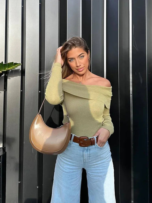 Elegant Slim Green Off-Shoulder Long Sleeve Female Chic Christmas Sweater Sweaters-L
