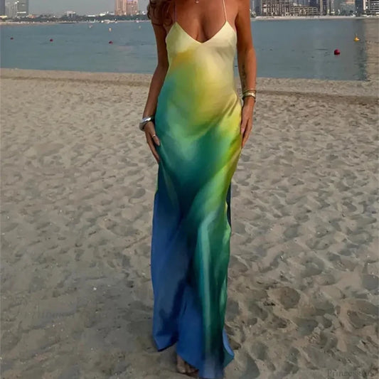 Elegant Tie Dye Satin Vacation Dress vacationdress-250223