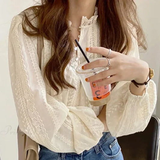 Embroidered Apricot Puff Sleeve Blouse blouse-250223