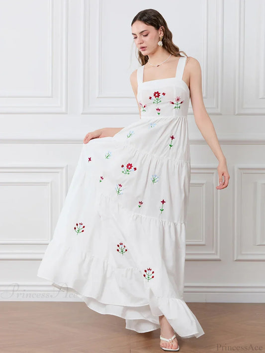 Embroidered Flower Ruched Tiered Slip Floral Dress floraldress-250126