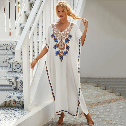 Embroidered Kaftan Beach Vacation Floral Dress Beige / One Size oldfloraldress-250126