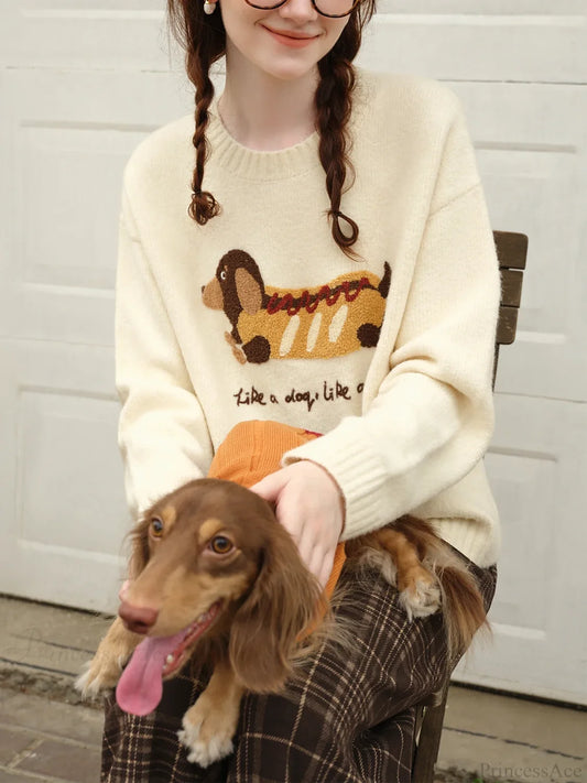 Embroidered Round Neck Drop Sleeve Sweater Beige / XS