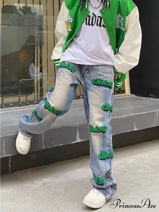 Embroidery Hiphop Flocking Autumn Wide-Leg Fashion High Waist Style Pants Jean