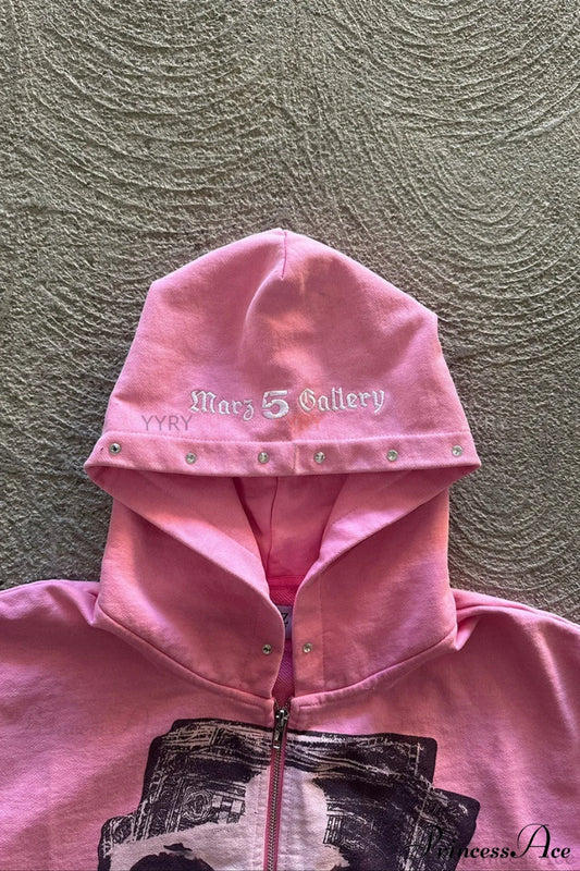 Embroidery Rhinestone Print Zip Hoodie