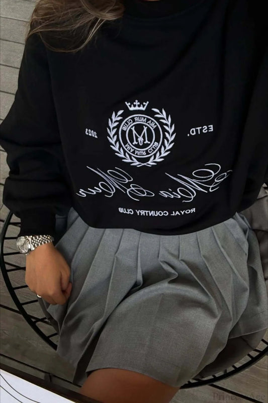 Embroidery Solid Color Loose Versatile Crew Neck Sweatshirt